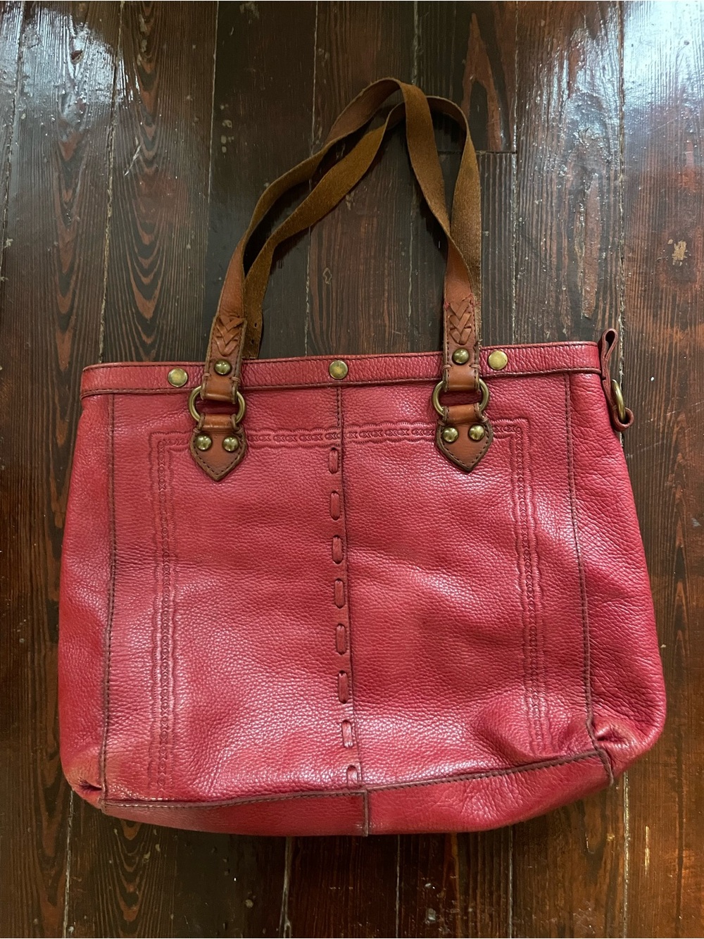 Lucky Brand Red Leather Tote with Brown Strap Accents